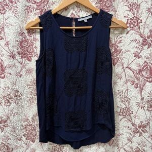 Daniel Rainn Navy Sleeveless Crochet Blouse Womens PS Petite Small